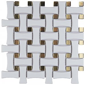 Metro Dog Bone Basketweave Matte White/Gold Glass Dot 10" x 10" Porcelain Mosaic Tile - 10 Tiles Per Case - 7.1 Sq. Ft.