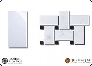 Marble Mosaics Honed Marble Basketweave Tile Sample Card in 'Carrara White' with 'Jet Black'  Dot