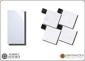 Marble Mosaics Honed Marble Zanzibar Tile Sample Card in 'Carrara White' with 'Jet Black'  Dot