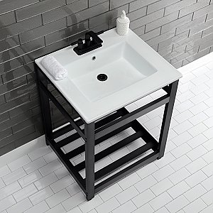 Kingston Brass VWP2522W4A0 Quadras 25-Inch Ceramic Console Sink (4-Inch, 3-Hole), White/Matte Black