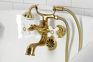 Kingston Brass KS225PXSB Kingston Tub Wall Mount Clawfoot Tub Faucet with Hand Shower, Brushed Brass