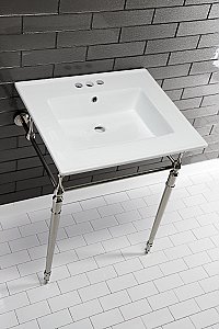 Kingston Brass KVPB25227W4PN Edwardian 25-Inch Console Sink with Brass Legs (4-Inch, 3 Hole), White/Polished Nickel