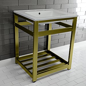 Kingston Brass VWP2522W8A7 Quadras 25-Inch Ceramic Console Sink (8-Inch, 3-Hole), White/Brushed Brass