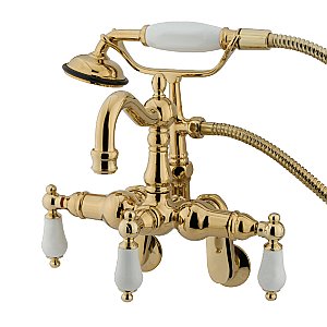 Kingston Brass CC1305T2 Vintage Adjustable Center Wall Mount Tub Faucet with Hand Shower, Polished Brass