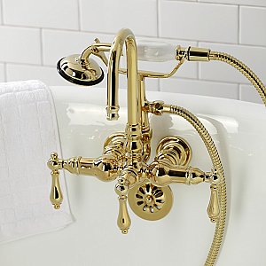 Kingston Brass CA7T2 Vintage 3-3/8" Tub Wall Mount Clawfoot Tub Faucet with Hand Shower, Polished Brass