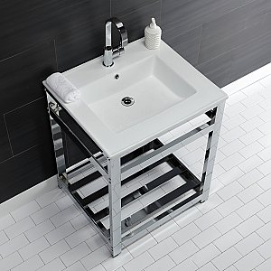 Kingston Brass VWP2522A1 Quadras 25-Inch Ceramic Console Sink (1-Hole), White/Chrome