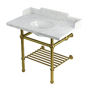 Kingston Brass LMS3630MBB7 Pemberton 36" Console Sink with Brass Legs (8-Inch, 3 Hole), Marble White/Brushed Brass