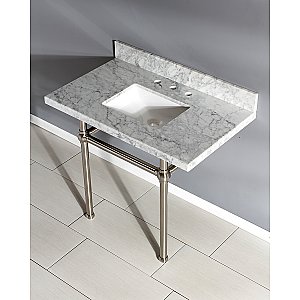 Kingston Brass KVPB3630MBSQ8 Templeton 36" x 22" Carrara Marble Vanity Top with Brass Console Legs, Carrara Marble/Brushed Nickel