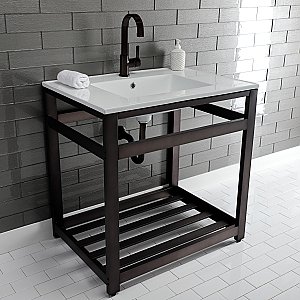 Kingston Brass VWP3122A5 Quadras 31-Inch Ceramic Console Sink (1-Hole), White/Oil Rubbed Bronze