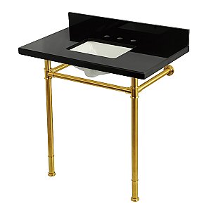 Kingston Brass KVPK36227K8SQ7 Imperial 36" Black Granite Console Sink with Stainless Steel Legs (8-Inch - 3-Hole) - Black Granite/Brushed Brass