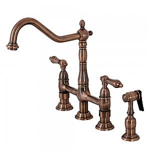 Kingston Brass KS127ALBSAC Heritage Bridge Kitchen Faucet with Brass Sprayer, Antique Copper