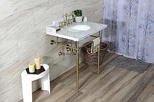 Kingston Brass LMS3022M87 Habsburg 30" Carrara Marble Console Sink with Brass Legs, Marble White/Brushed Brass