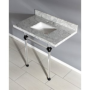 Kingston Brass KVPB36MASQ0 Templeton 36" x 22" Carrara Marble Vanity Top with Clear Acrylic Console Legs, Carrara Marble/Matte Black