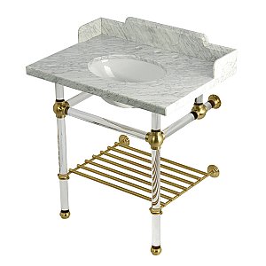 Kingston Brass LMS3030MAB7 Pemberton 30" Console Sink with Acrylic Legs (8-Inch, 3 Hole), Marble White/Brushed Brass