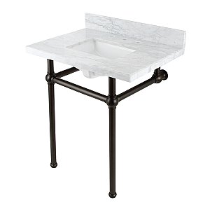 Kingston Brass KVBH3022M8SQ5 Addington 30" Console Sink with Brass Legs (8-Inch, 3 Hole), Marble White/Oil Rubbed Bronze