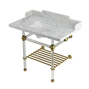 Kingston Brass LMS3630MASQB7 Pemberton 36" Console Sink with Acrylic Legs (8-Inch, 3 Hole), Marble White/Brushed Brass
