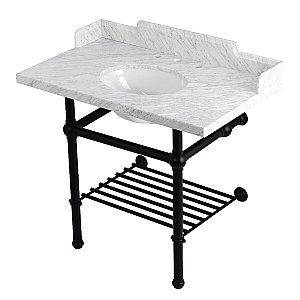 Kingston Brass LMS3630MBB0 Pemberton 36" Console Sink with Brass Legs (8-Inch, 3 Hole), Marble White/Matte Black
