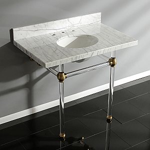 Kingston Brass KVPB3630MA7 Templeton 36" x 22" Carrara Marble Vanity Top with Clear Acrylic Console Legs, Carrara Marble/Brushed Brass