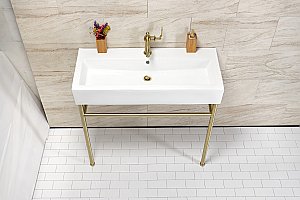 Fauceture VPB39177ST New Haven 39" Porcelain Console Sink with Stainless Steel Legs (Single-Hole), White/Brushed Brass