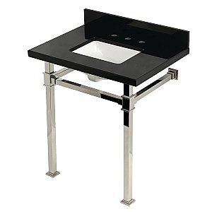 Kingston Brass KVPK30KSQ6 Monarch 30" Black Granite Console Sink with Stainless Steel Legs (8-Inch - 3-Hole) - Black Granite/Polished Nickel