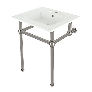 Kingston Brass KVBH25227W8B8 Addington 25" Console Sink with Brass Legs (8-Inch, 3 Hole), White/Brushed Nickel