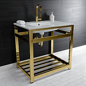 Kingston Brass VWP3122A2 Quadras 31-Inch Ceramic Console Sink (1-Hole), White/Polished Brass