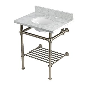 Kingston Brass KVPB30MBB8 Templeton 30" Console Sink with Brass Legs (8-Inch, 3 Hole), Carrara Marble/Brushed Nickel