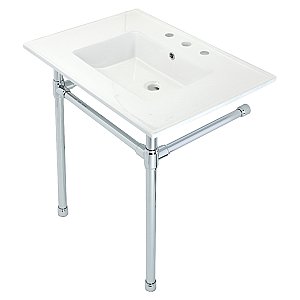Kingston Brass KVPB31227W81 Dreyfuss 31" Console Sink with Stainless Steel Legs (8-Inch, 3 Hole), White/Polished Chrome