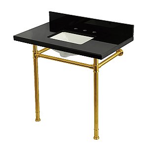 Kingston Brass KVPK36227K387 Imperial 36" Black Granite Console Sink with Stainless Steel Legs (8-Inch - 3-Hole) - Black Granite/Brushed Brass