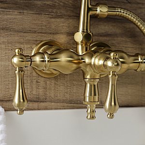 Kingston Brass AE19T7 Aqua Vintage 3-3/8 Inch Wall Mount Tub Faucet with Hand Shower, Brushed Brass