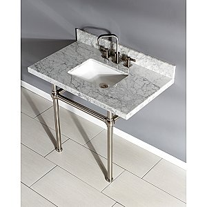 Kingston Brass KVPB3630MBSQ8 Templeton 36" x 22" Carrara Marble Vanity Top with Brass Console Legs, Carrara Marble/Brushed Nickel