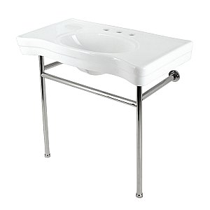 Fauceture VPB28140W86 Bristol 36" Ceramic Console Sink with Stainless Steel Legs, White/Polished Nickel