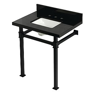 Kingston Brass KVPK30KSQ0 Monarch 30" Black Granite Console Sink with Stainless Steel Legs (8-Inch - 3-Hole) - Black Granite/Matte Black