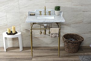 Kingston Brass LMS3022M8SQ7 Habsburg 30" Carrara Marble Console Sink with Brass Legs, Marble White/Brushed Brass