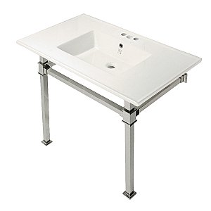 Kingston Brass KVPB37224Q6 Monarch 37-Inch Console Sink with Stainless Steel Legs (4-Inch, 3 Hole), White/Polished Nickel