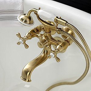 Kingston Brass KS225SB Kingston Wall Mount Clawfoot Tub Faucet with Hand Shower, Brushed Brass