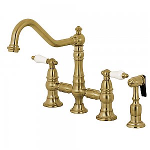 Kingston Brass KS3277PLBS Restoration 8-Inch Bridge Kitchen Faucet with Sprayer, Brushed Brass