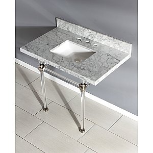 Kingston Brass KVPB3630MASQ8 Templeton 36" x 22" Carrara Marble Vanity Top with Clear Acrylic Console Legs, Carrara Marble/Brushed Nickel