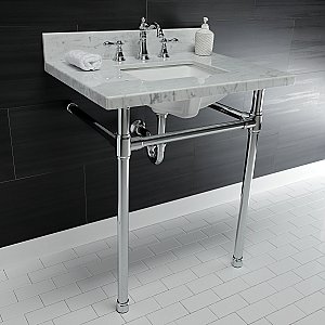 Kingston Brass KVPB30M8SQ1ST Dreyfuss 30" x 22" Carrara Marble Vanity Top with Stainless Steel Legs, Marble White/Polished Chrome