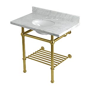 Kingston Brass KVPB36MBB7 Templeton 36" Console Sink with Brass Legs (8-Inch, 3 Hole), Carrara Marble/Brushed Brass