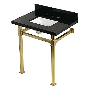 Kingston Brass KVPK30KSQ7 Monarch 30" Black Granite Console Sink with Stainless Steel Legs (8-Inch - 3-Hole) - Black Granite/Brushed Brass