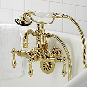 Kingston Brass CA1007T2 Heritage 3-3/8" Tub Wall Mount Clawfoot Tub Faucet with Hand Shower, Polished Brass