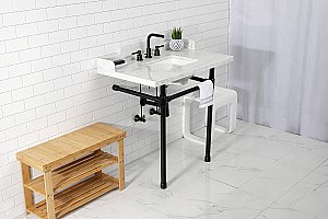 Kingston Brass LMS36M8SQ0ST Wesselman 36" Carrara Marble Console Sink with Stainless Steel Legs, Marble White/Matte Black