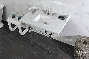 Kingston Brass LMS3630MASQ8 Pemberton 36" Carrara Marble Console Sink with Acrylic Legs, Marble White/Brushed Nickel