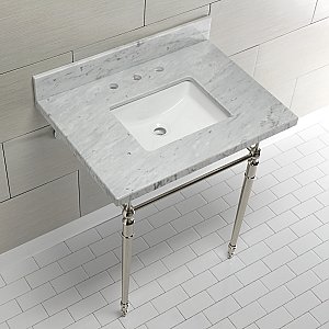 Kingston Brass KVPB3022M8SQ6 Edwardian 30" Console Sink with Brass Legs (8-Inch, 3 Hole), Marble White/Polished Nickel