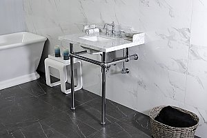 Kingston Brass LMS30MBSQ1 Pemberton 30" Carrara Marble Console Sink with Brass Legs, Marble White/Polished Chrome