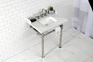 Kingston Brass LMS30MSQ6 Viceroy 30" Carrara Marble Console Sink with Stainless Steel Legs, Marble White/Polished Nickel