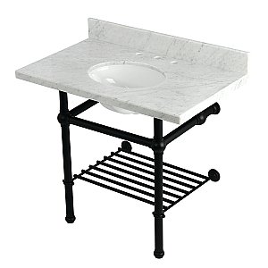 Kingston Brass KVPB3630MBB0 Templeton 36" Console Sink with Brass Legs (8-Inch, 3 Hole), Carrara Marble/Matte Black