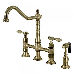 Kingston Brass KS1273TALBS Tudor Bridge Kitchen Faucet with Brass Sprayer, Antique Brass