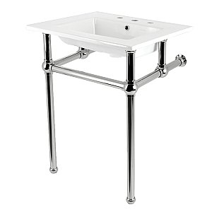 Kingston Brass KVBH25227W8B6 Addington 25" Console Sink with Brass Legs (8-Inch, 3 Hole), White/Polished Nickel